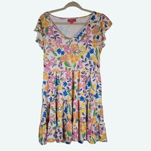 Kaeli Smith Watercolor Floral Print Tiered Babydoll Dress‎ White Multi Small